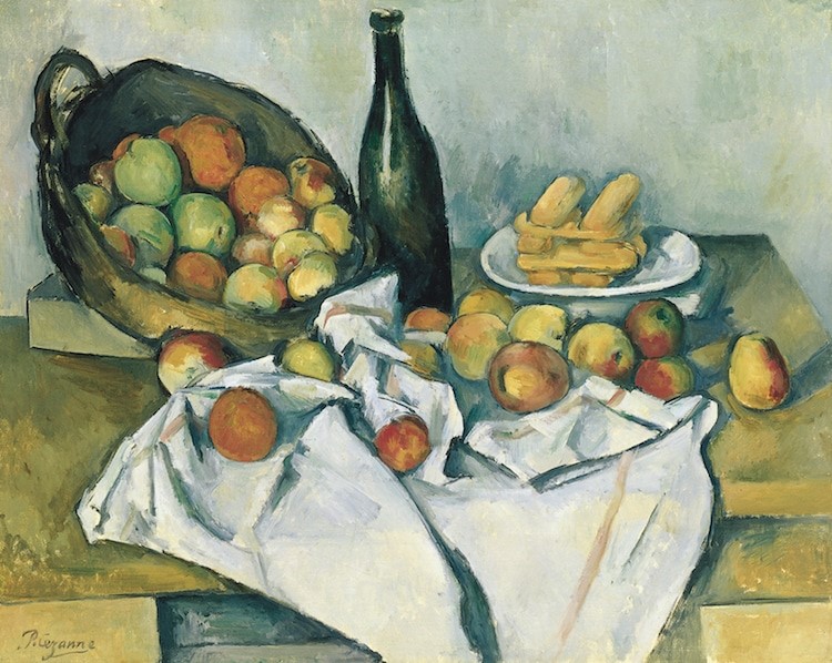 Oil painting of baskets full of fruit, surrounded by white draping fabric and an open bottle. 